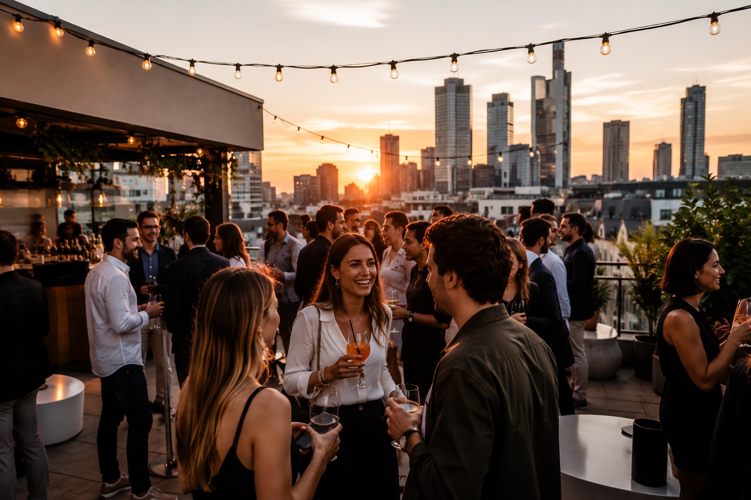 Cocktail d’entreprise sur un toit, au coucher du soleil