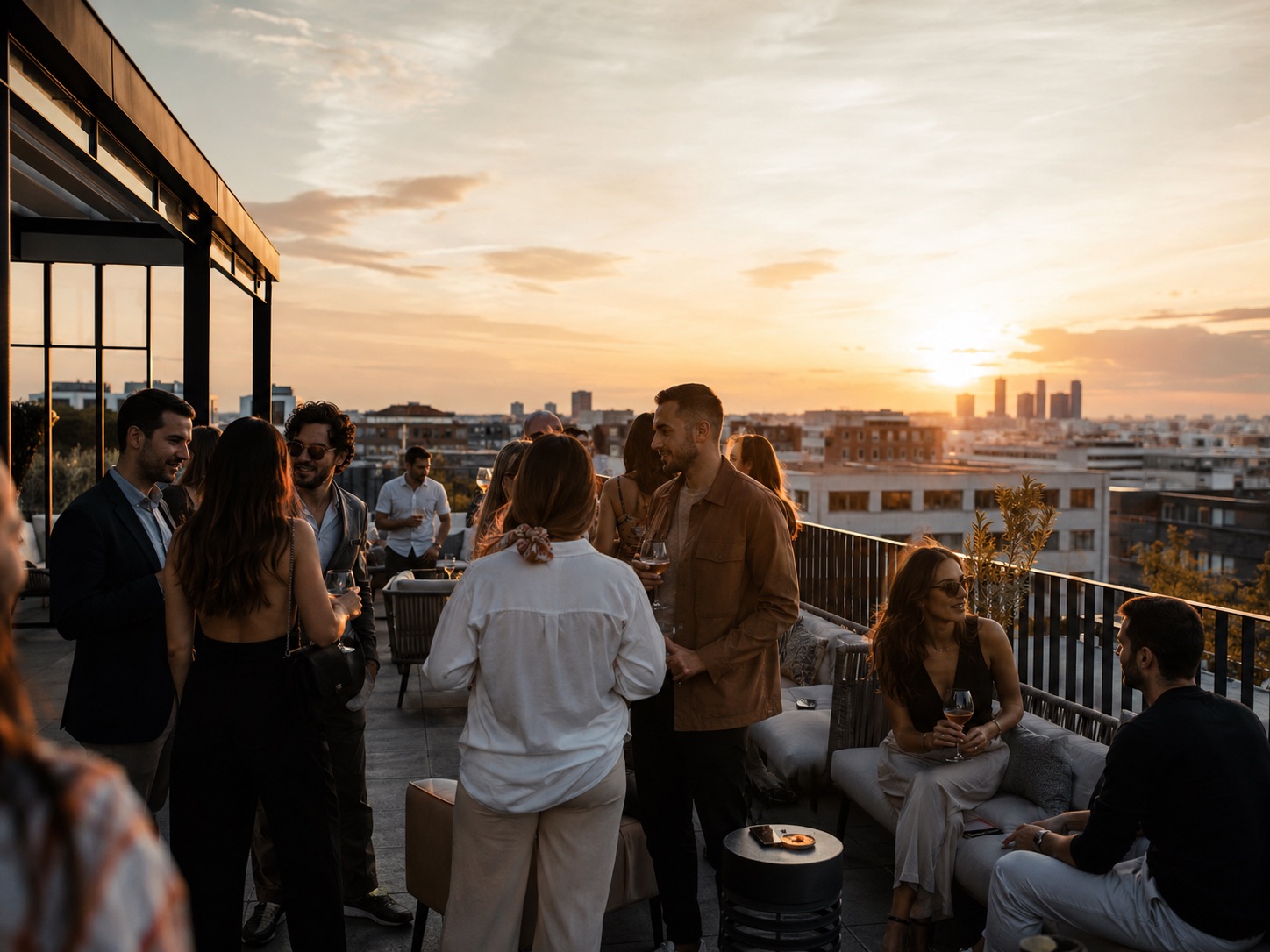 Cocktail en extérieur au coucher du soleil, face à l’horizon