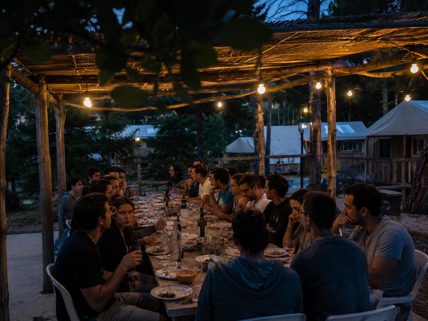 Dîner de séminaire sous une pergola, guirlandes allumées à la nuit tombée