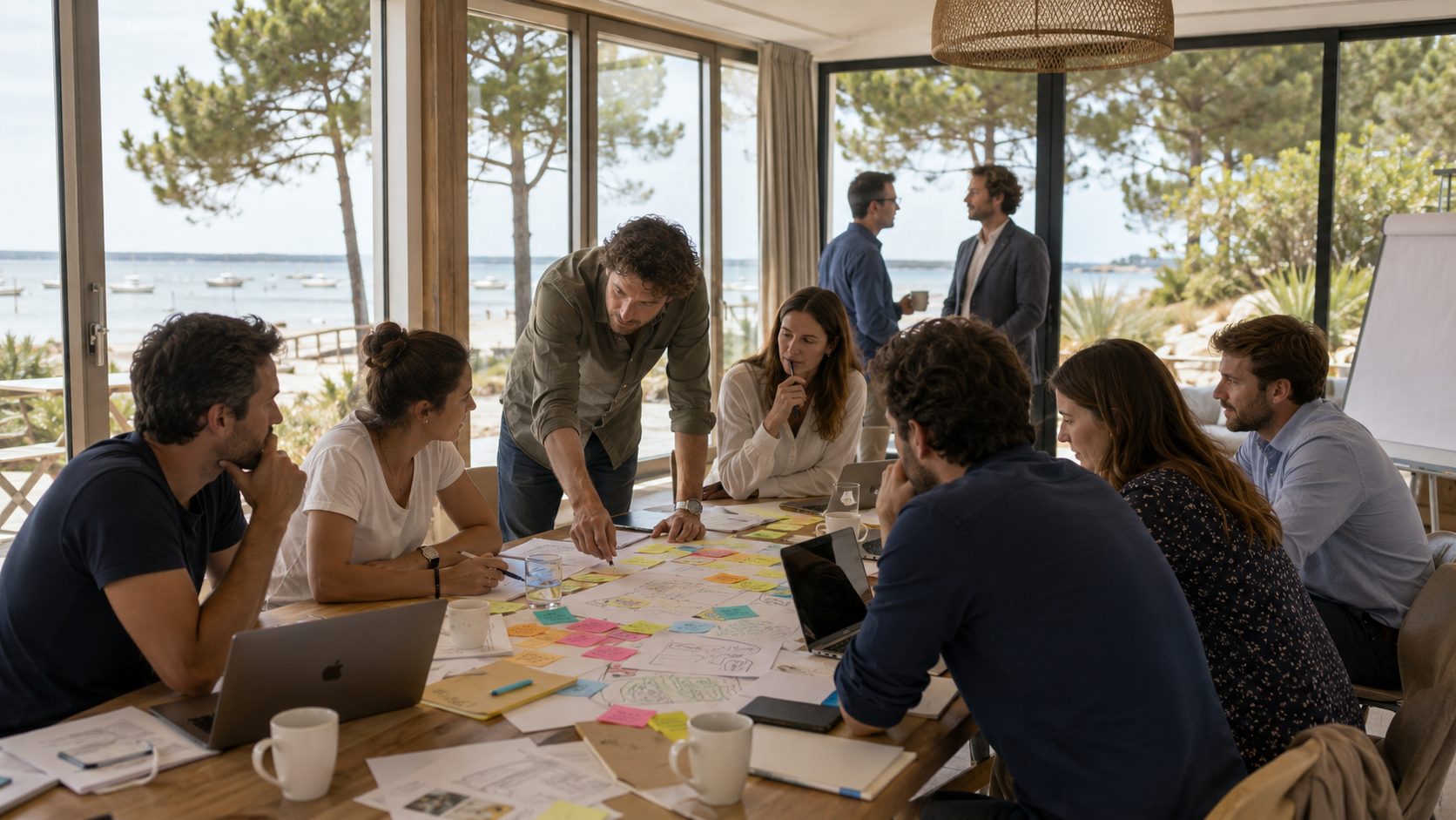 Séance de travail face au bassin, table couverte de post-it