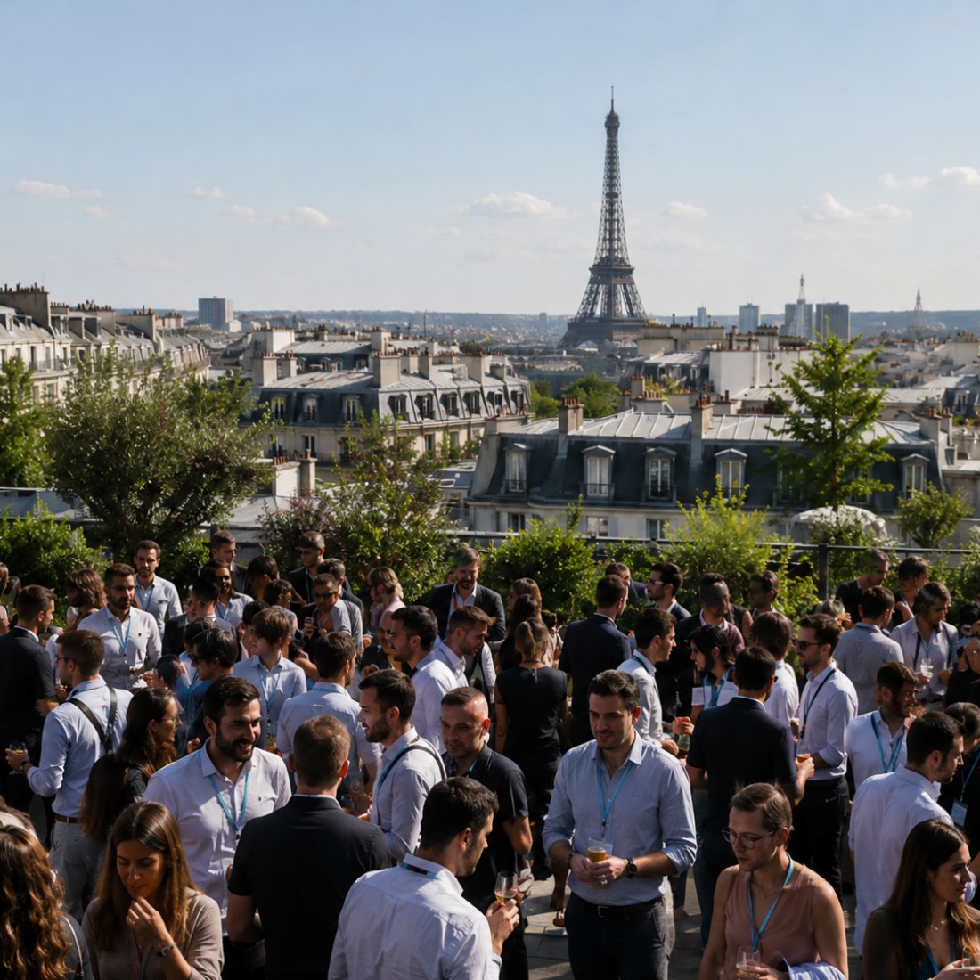 Soirée d’entreprise en terrasse, Paris et la tour Eiffel en fond